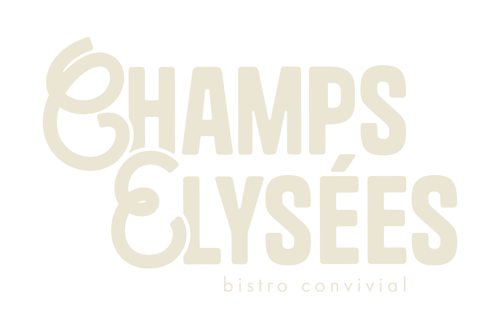 Logo beige avec le texte "Champs Élysées bistro convivial" sur fond blanc.